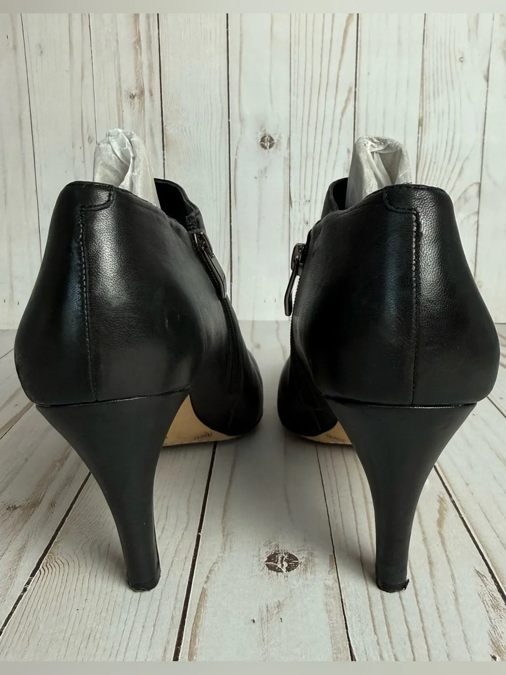 Vince Camuto Black Genuine Leather Ankle Booties Stiletto Heel Almond Toe